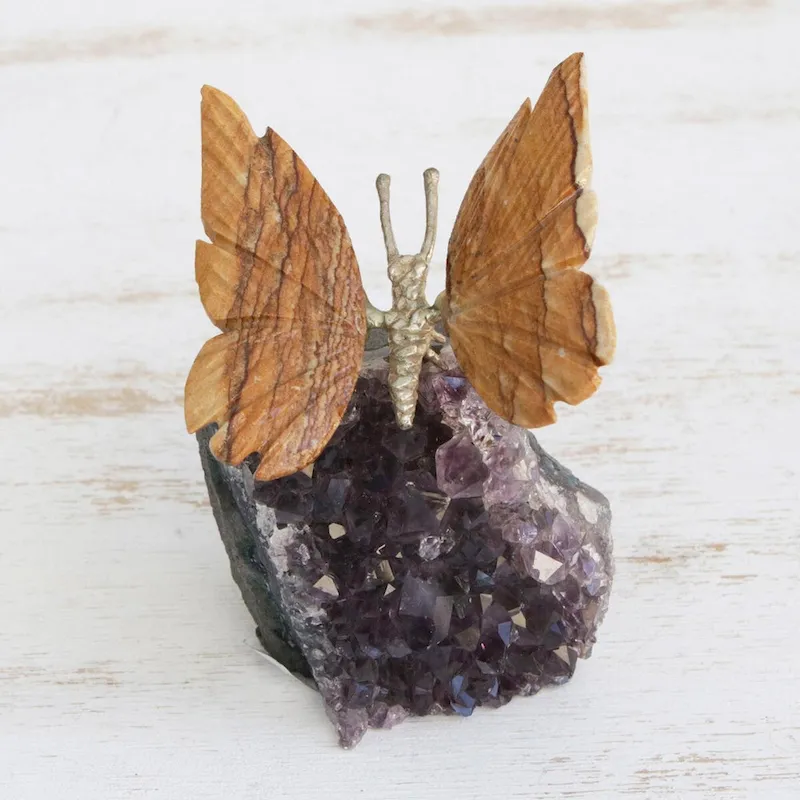 NOVICA Handmade Earthen Wings Jasper And Amethyst Gemstone Figurine (Brazil) - 3.1  H x 2.8  W x 2  D