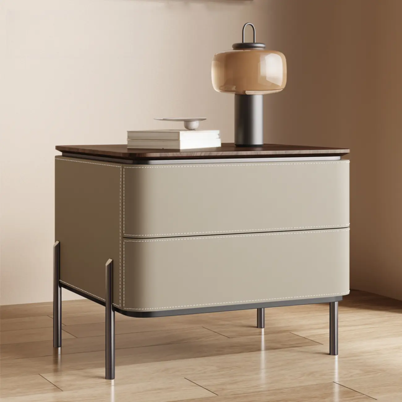 Modern Wood Top Leather Drawer Nightstand Including Metal Legs