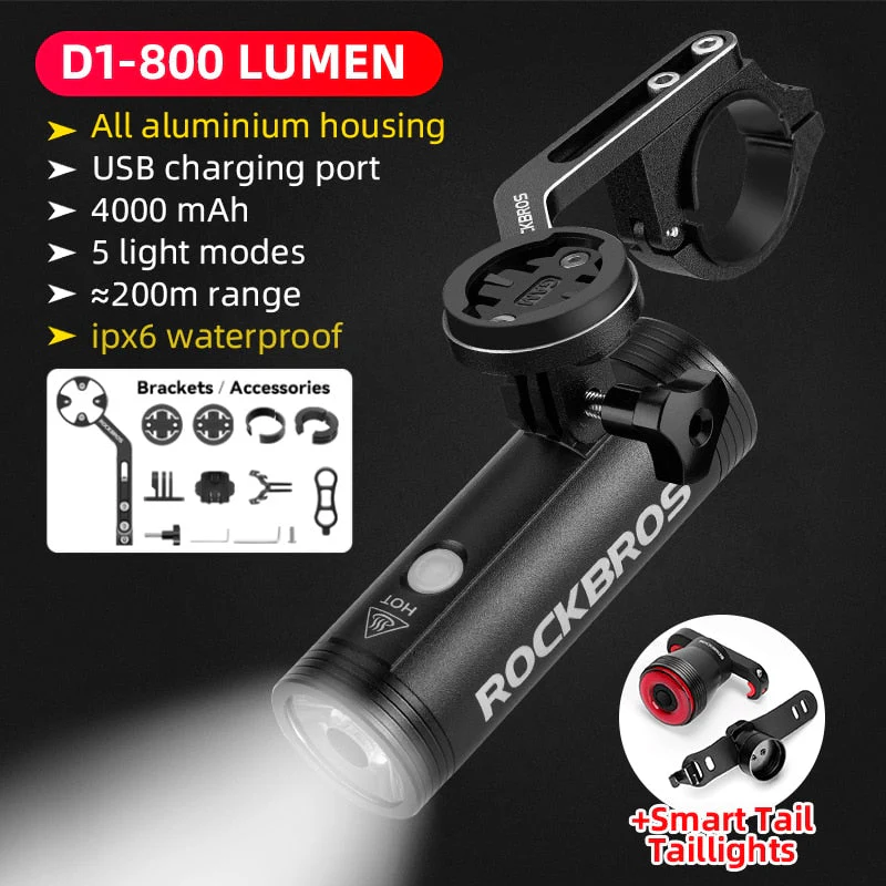 HULIANFU ROCKBROS 1000LM Bike Light Front Lamp USB Rechargeable LED 4800mAh Bicycle Light Waterproof Headlight Bike Accessories - Deanwangkt