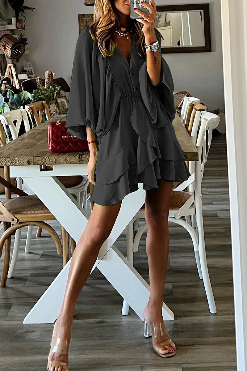 hulianfu Casual Solid Patchwork V Neck Cake Skirt Dresses(4 Colors) - Deanwangkt