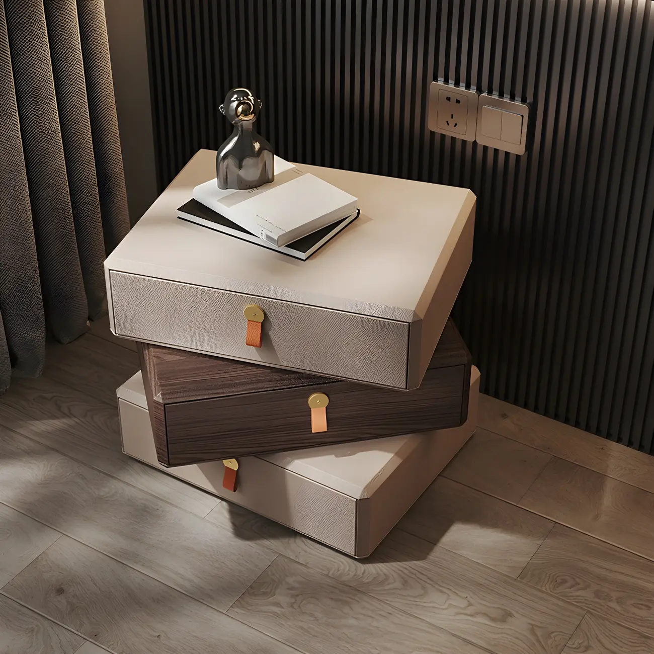 Stacked Beige Wood 3 Drawers Narrow Nightstand