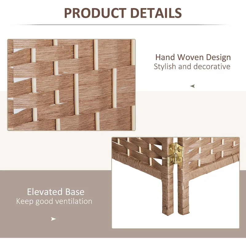 6' Tall Wicker Weave 4 Panel Room Divider Privacy Screen - Natural