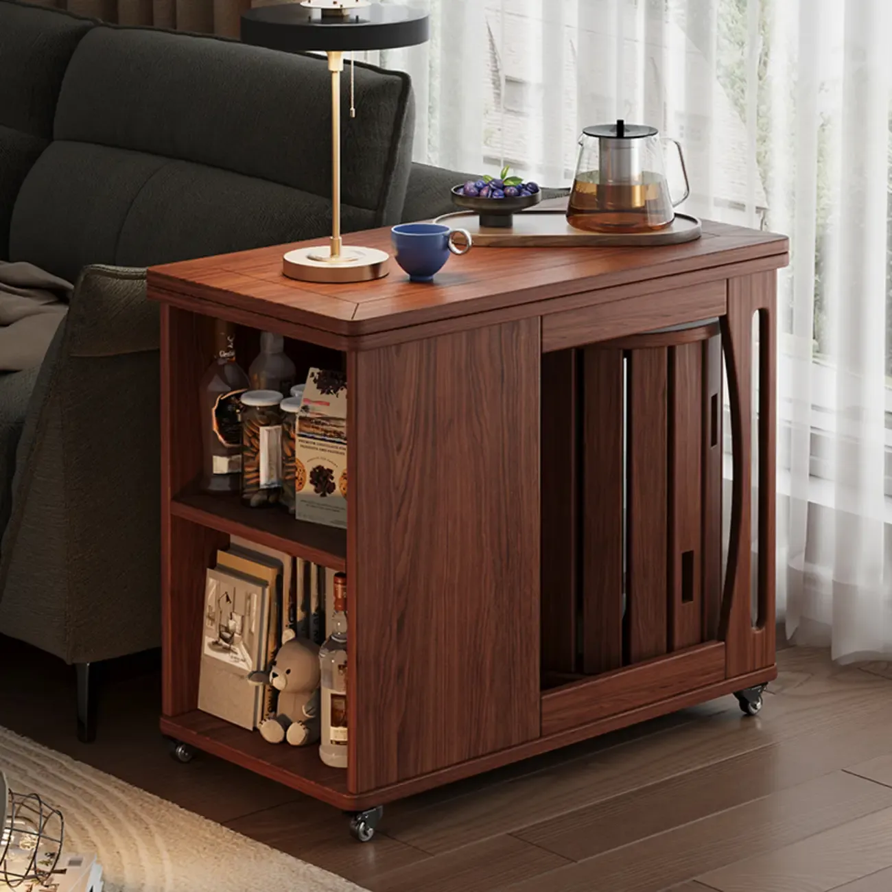 Folding Top Open Storage Wood Side Table with Wheels