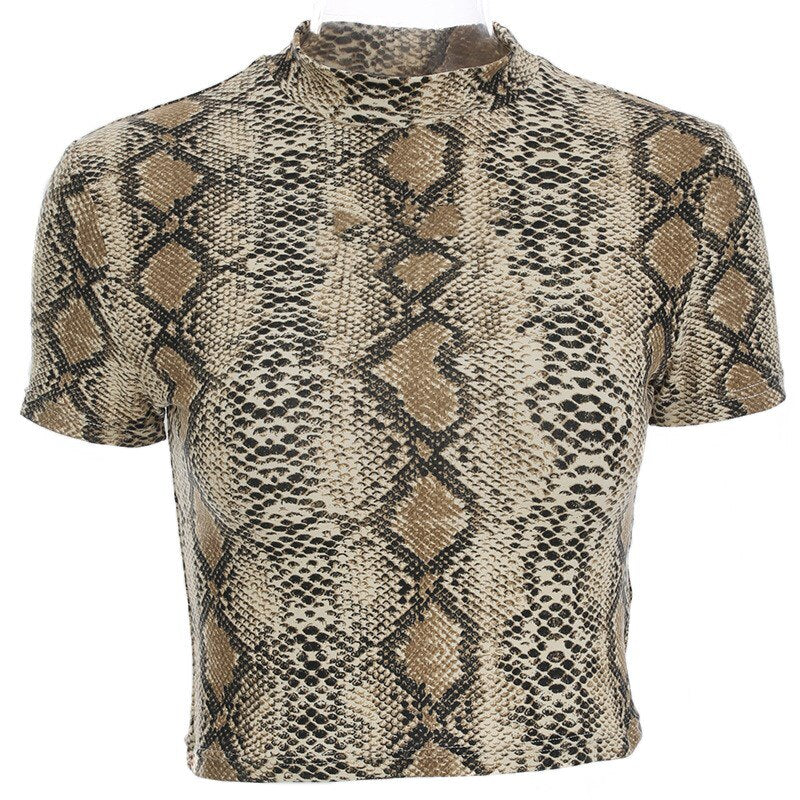 Hulianfu Sexy Crop Top Women Snake Print Tank Top Slim Primer High Collar Vest Harajuku Crop Tank Top T Shirt Femme Girls Camis Tops - Deanwangkt