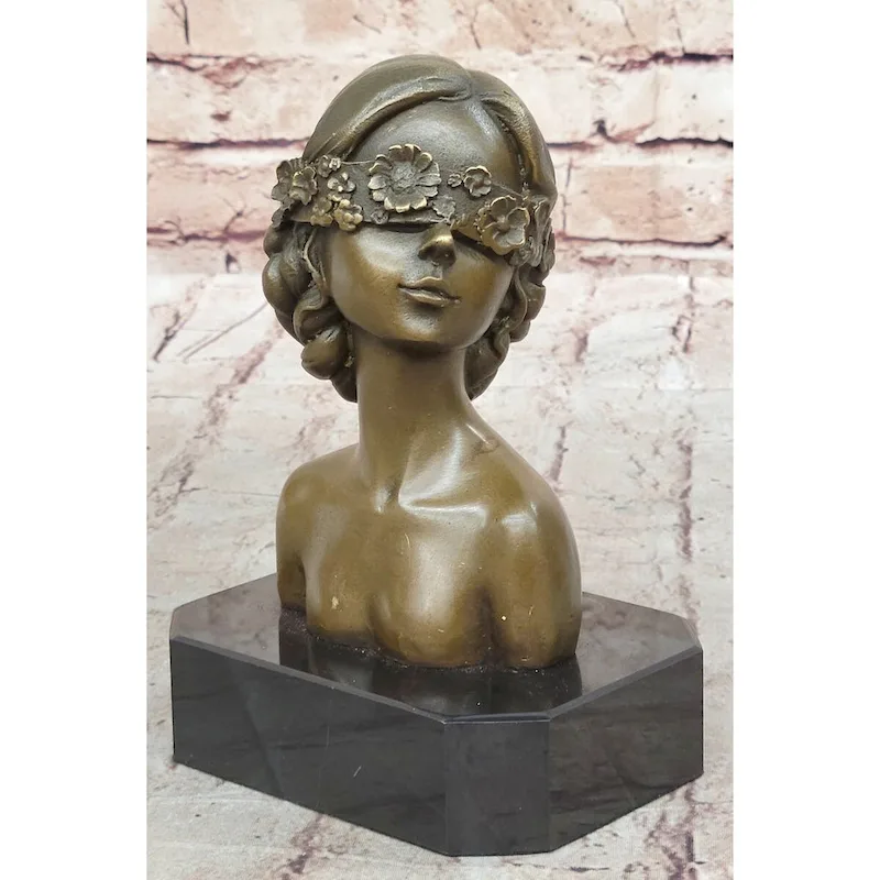 Woman Blindfolded With Flowers - Original Bronze Metal Modern Art Bust Sculpture