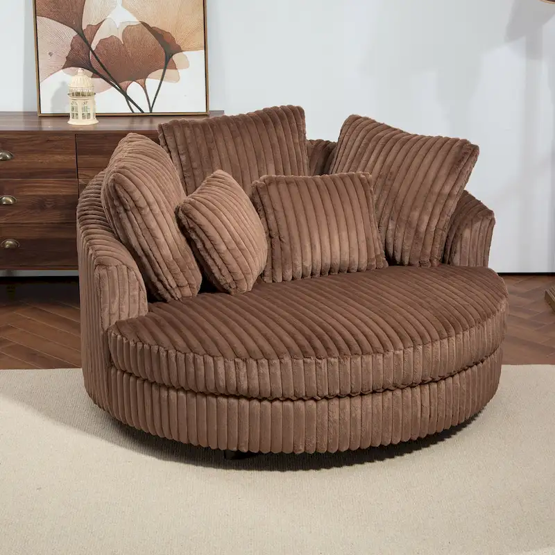 Modern Sofa Chair Round Accent Barrel Chair With 5 Pillows and Optional Ottoman