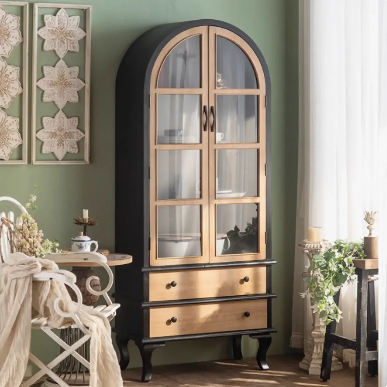 Arched Light Wood Glass Door Display Cabinet with Drawers