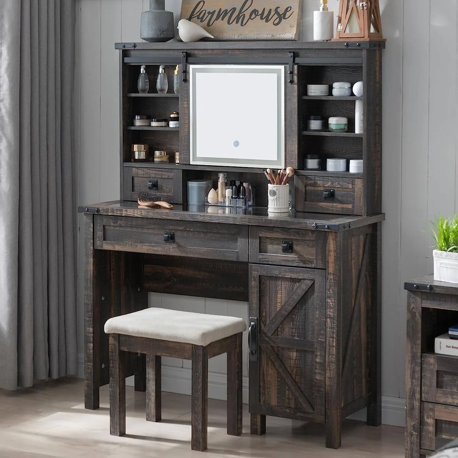 Okd Farmhouse Rustic Vanity Set with Sliding Mirror and Lights, Makeup Vanity Table Desk for Bedroom, 4 Drawers and Adjustable Shelves, Dark Rustic