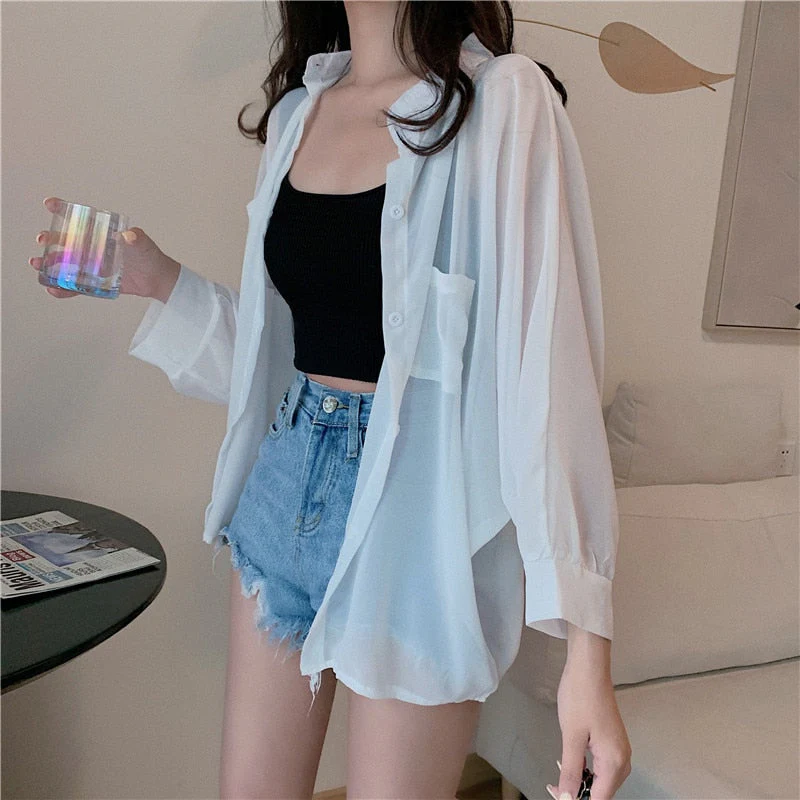 Hulianfu Shirts Women Sun Protection Loose All-match Summer Korean Style Casual Solid Tops Fashion Simple Chic Outerwear Thin Baggy Soft - Deanwangkt