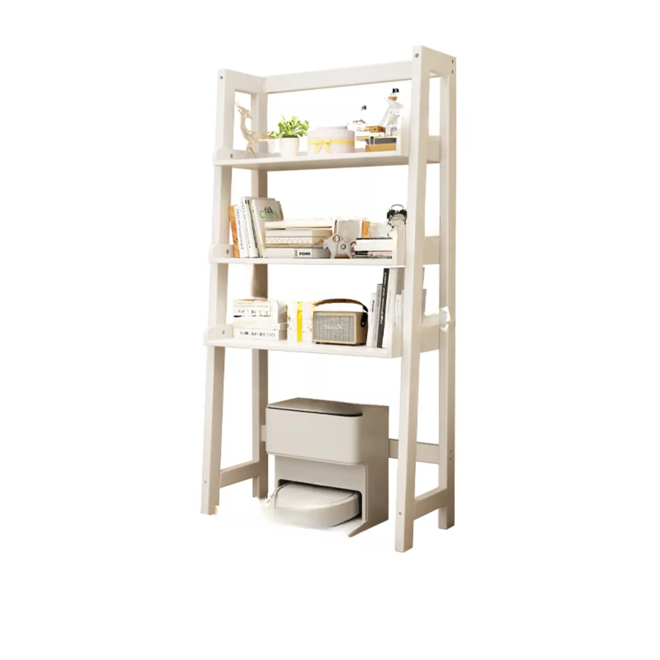 Narrow Modern Rubberwood Ladder Bookcase Open Back