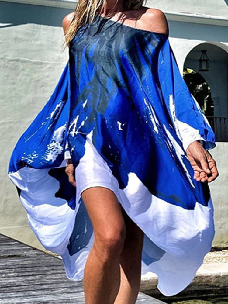 Summer Print Beach Dress Women Off Shoulder Cover-Ups Fashion Long Pareos Oversized Boho Dress Loose Swimsuit Cover-Ups Robe - Deanwangkt
