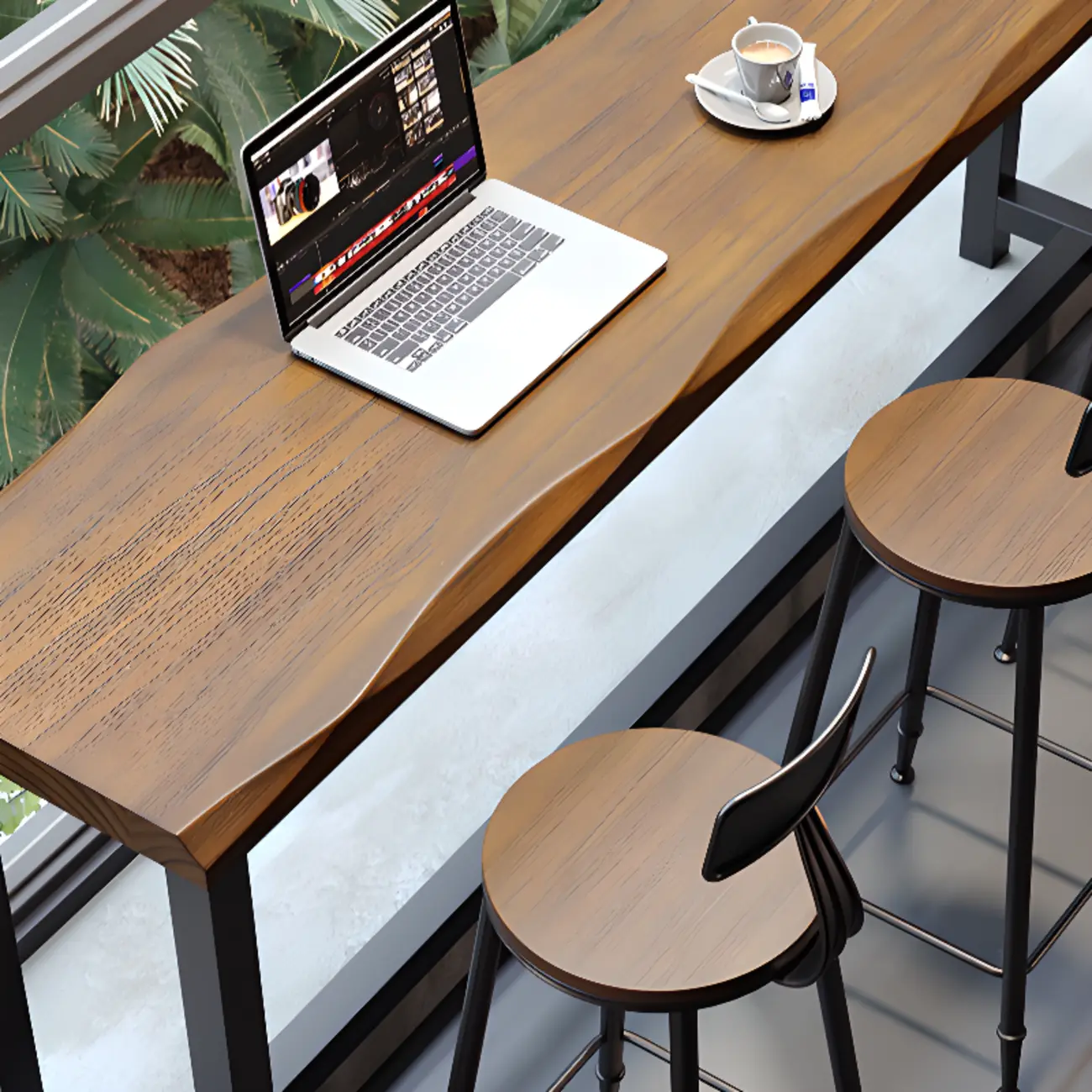 Modern Brown Wooden Grain Iron Trestle Bar Tables