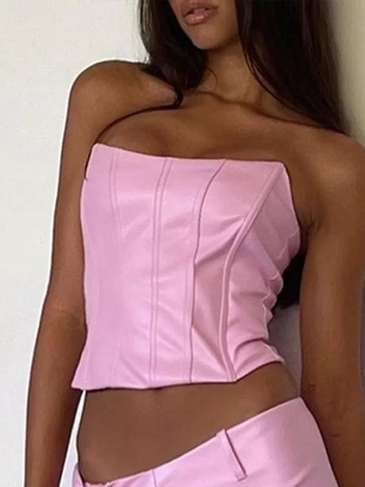 Hulianfu High Quality Summer Crop Top Women Fishbone Double Layer Pink PU Leather Sexy Crop Top Fashion Lady Clubwear Party - Deanwangkt
