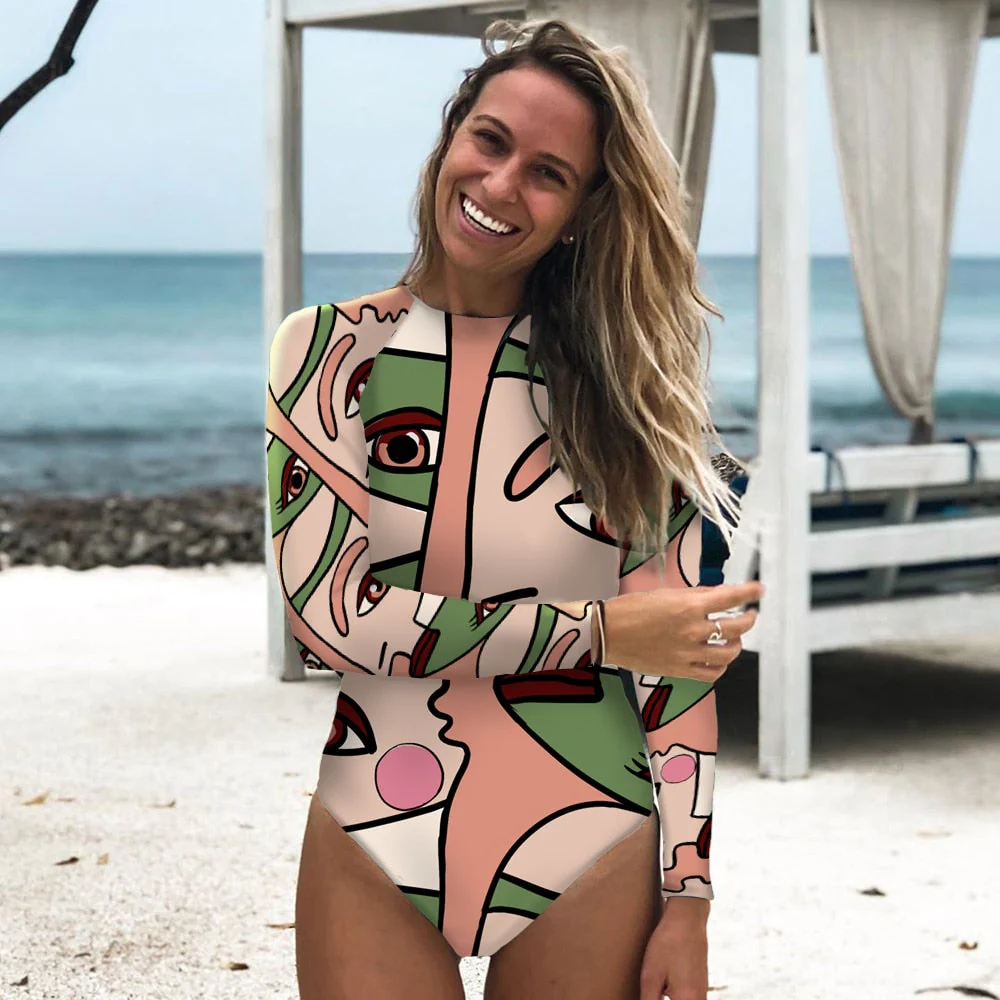Hulianfu Swimwear Women Print Floral One Piece Swimsuit Long Sleeve Bathing Suit Retro Swimsuit Vintage Beach wear Surfing Swim Suit - Deanwangkt