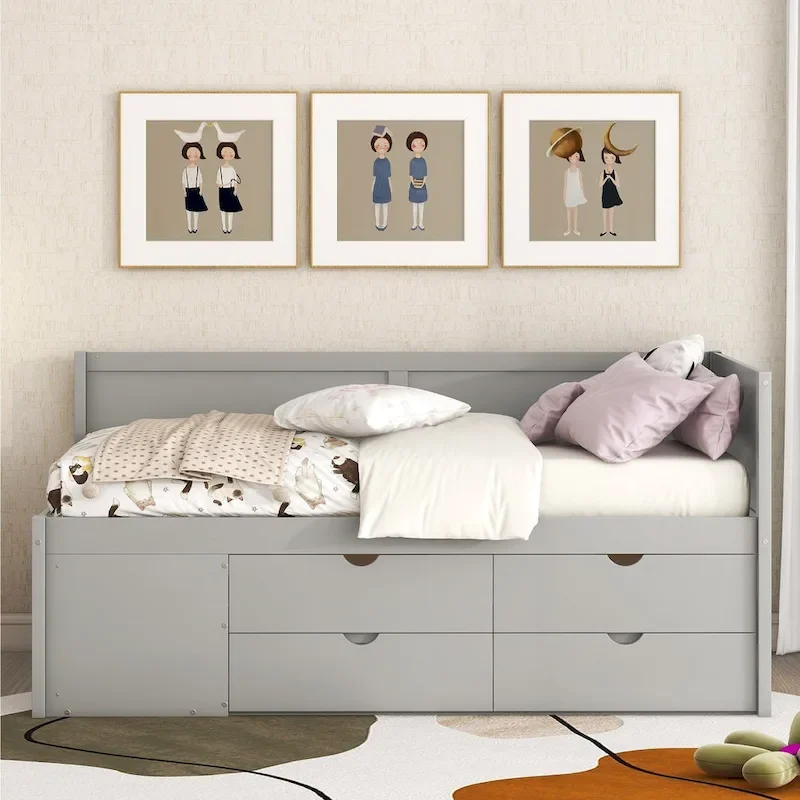 Twin Size Daybed with Drawers and Shelves, Gray