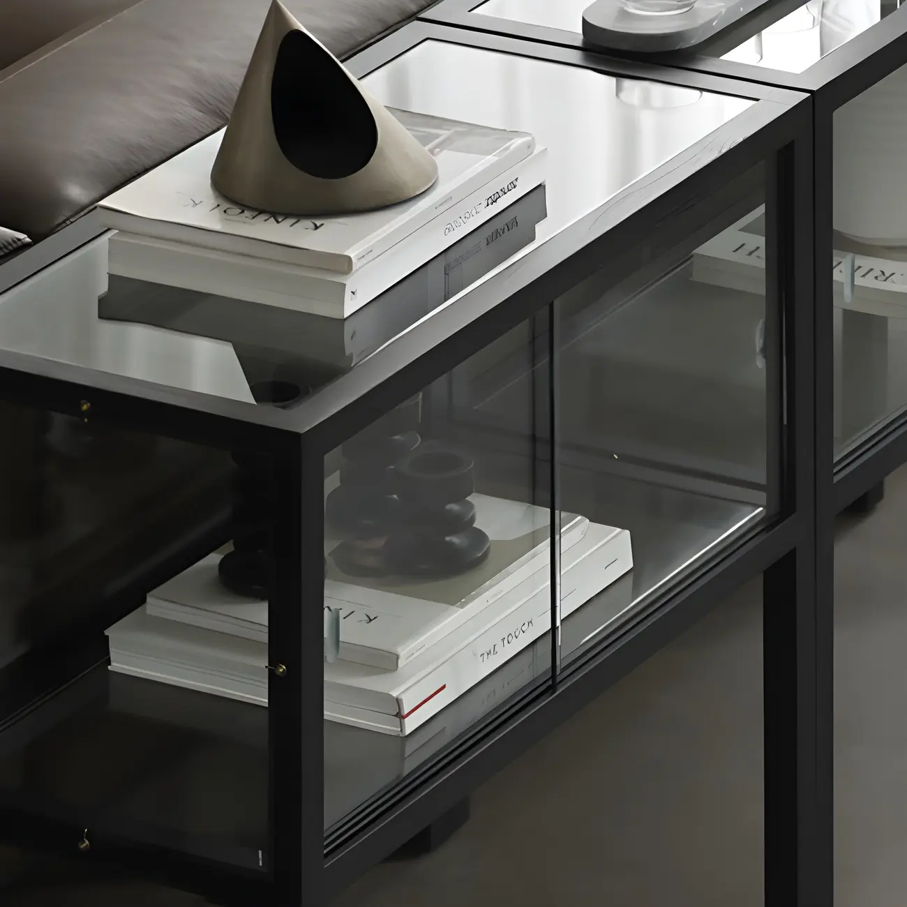 Modern Black Glass Display Cabinet with Metal Frame