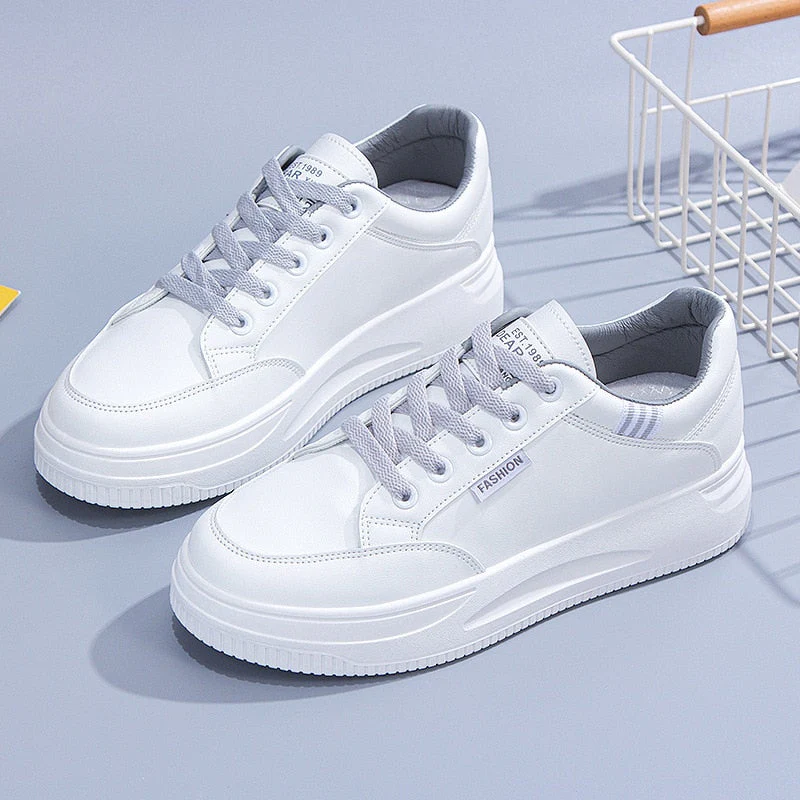 hulianfu Women White Sneakers Autumn Lace Up Thick Bottom Casual Flats Anti-slip Outdoor Walking Sports Board Shoes Sapatos Femininos - Deanwangkt