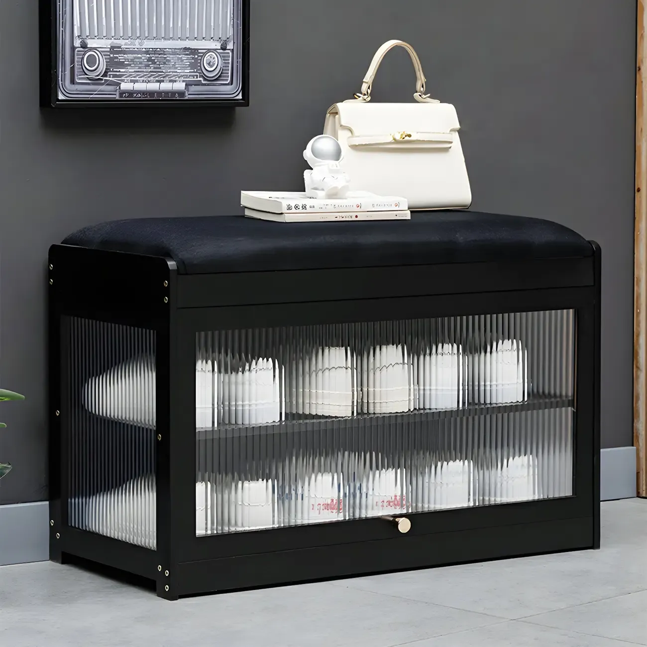Entryway Black Bamboo Shoe Storage Bench with Glass Doors