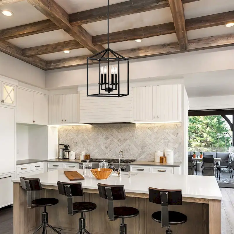 4-light pendant with black finish and steel cage shade