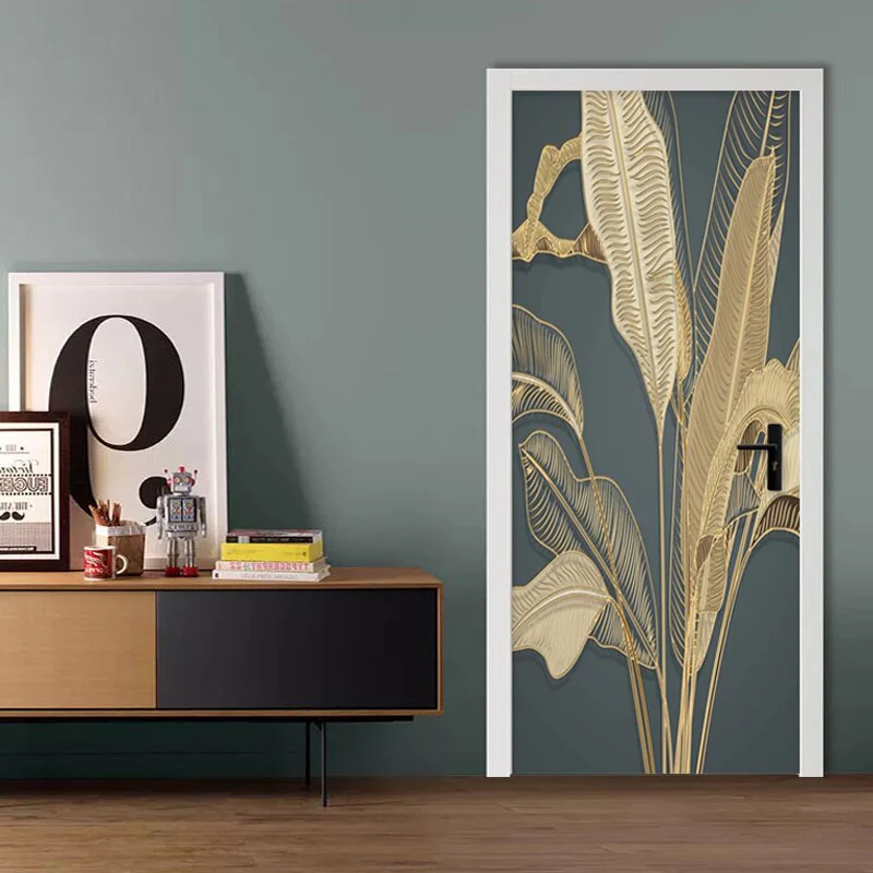 HULIANFU 2026  Door Sticker Modern Banana Leaf Light Luxury 3D Relief Golden Line Wallpaper Living Room Bedroom Abstract Art Door Poster Decor - Deanwangkt
