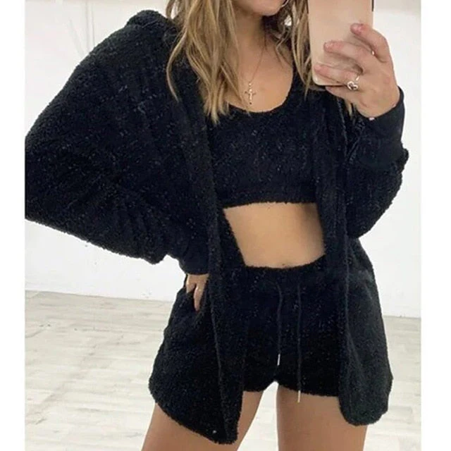 Three Piece Sexy Fluffy Outfits Plush Velvet Hooded Cardigan Coat+Shorts+Crop Top Women Tracksuit Sets Casual Sports Sweatshirt - Deanwangkt