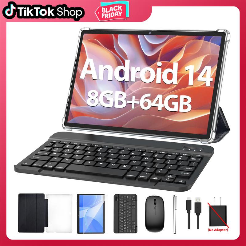 [TikTokShopBlackFriday]PYNAREL Tablet 10.1 Inch Android 14, 2 in 1 Portable Device with Keyboard, Mouse, Case, Stylus, 8(4+4)GB RAM 64GB ROM, Dual Camera, for Xmas Gift