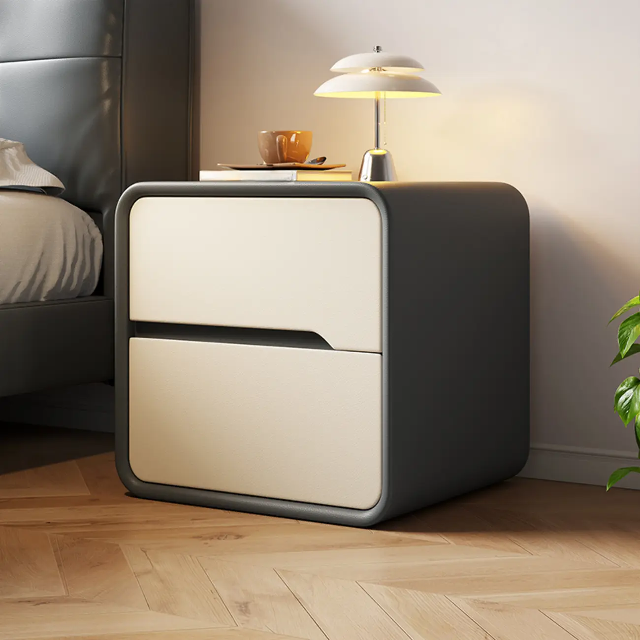 Modern Bedside Table with Storage Drawers - Avocado Green