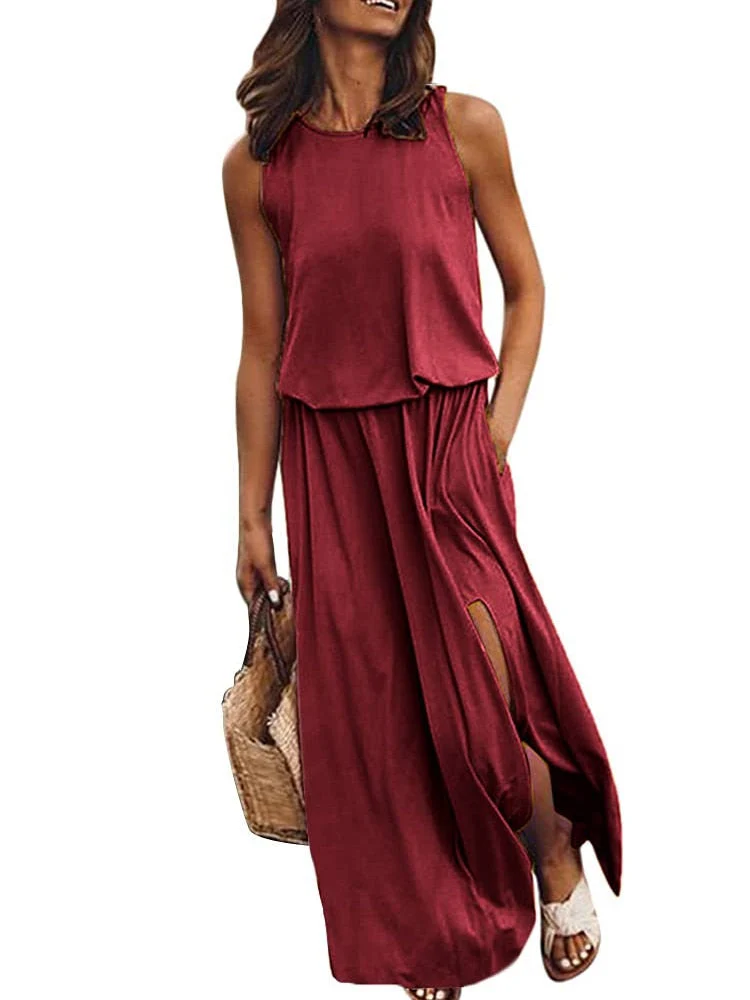 hulianfu Summer Solid Long Dress Women Casual Sleeveless Elastic Waist Side Slit Maxi Dresses Female O-Neck Loose Tank Dress Sundress - Deanwangkt