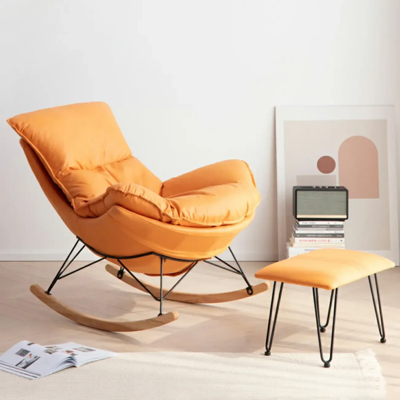 Mid Century Modern Upholstered Rocking Chair with Ottoman