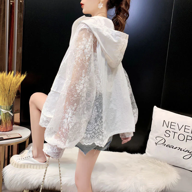 Hulianfu Basic Jackets Women Lace Hollow Out Elegant Sun-proof Summer Vacation Simple All-match Mujer Loose Leisure Thin Korean Fashion - Deanwangkt
