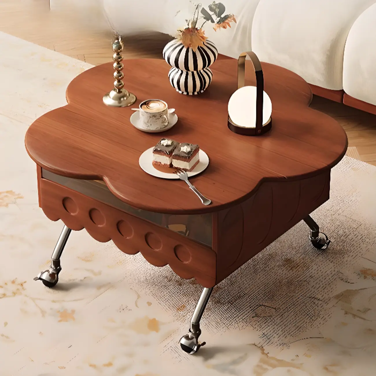 Adjustable Walnut Wood Flower Shaped Coffee Table with Wheels