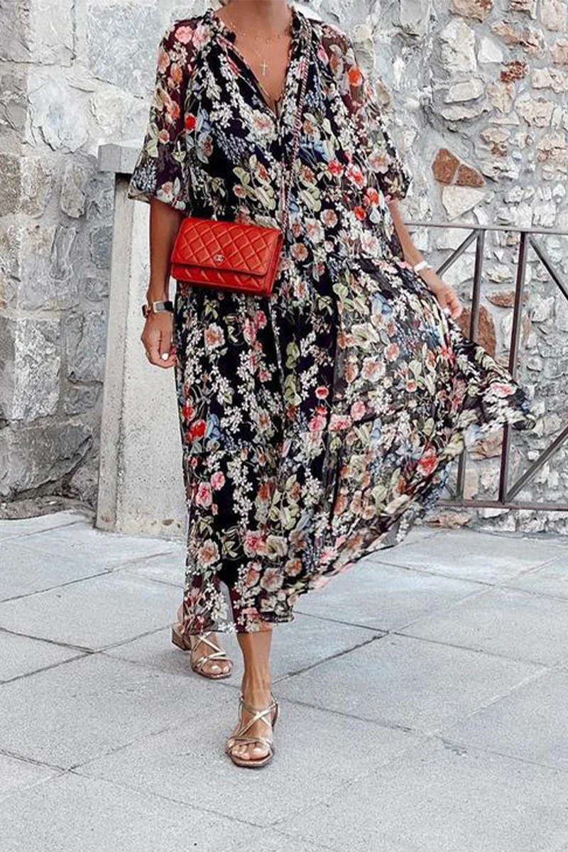hulianfu Casual Print Patchwork V Neck Cake Skirt Dresses - Deanwangkt