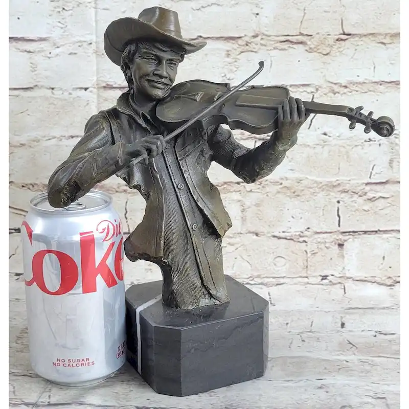 Cowboy Playing Violin Fiddle Music Bronze Sculpture Marble Statue Figurine