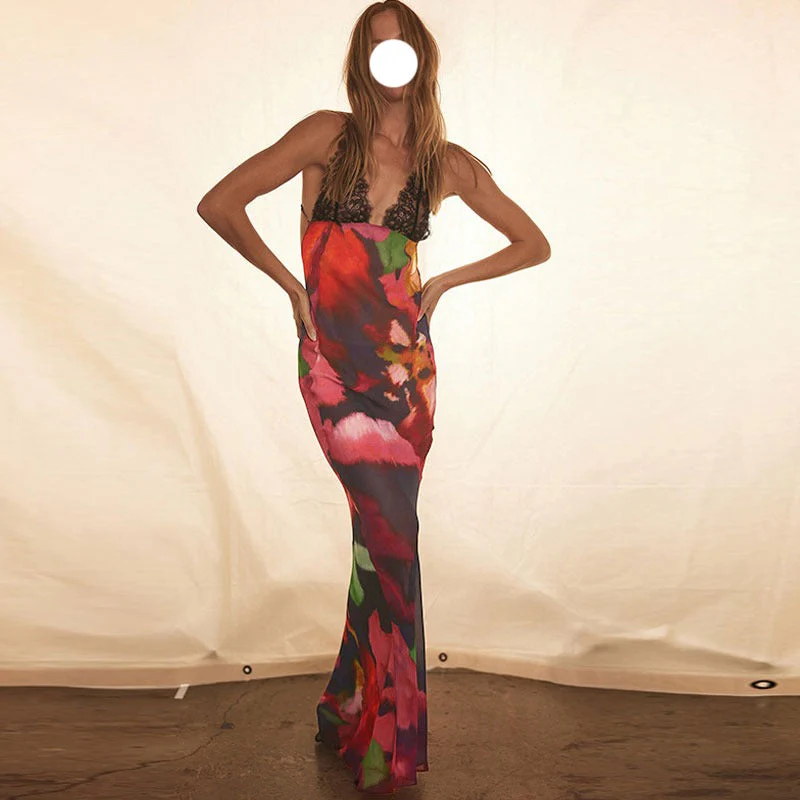 Hulianfu Elegant Tie Dye Floral Chiffon Dress For Women 2026  Summer Sexy Bandage Backless Lace Long Dresses Female Beach Evening Robe - Deanwangkt