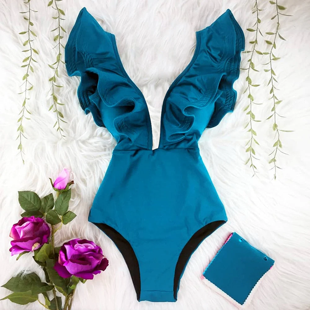 New Sexy Ruffle Print Floral One Piece Swimsuit Off The Shoulder Swimwear Women Solid Deep-V Beachwear Bathing Suit Monkini - Deanwangkt