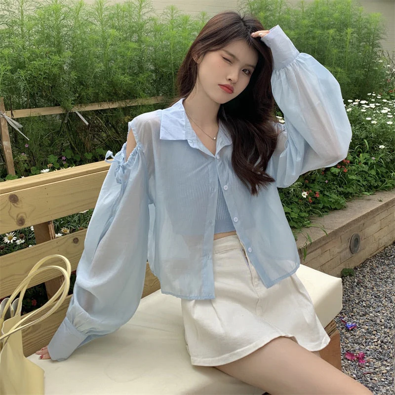 Hulianfu Shirts Women Hole Temperament Sun-proof Ins Vacation Thin Korean Style Sheer Off-shoulder BF Топ Женский Summer Students Beach - Deanwangkt