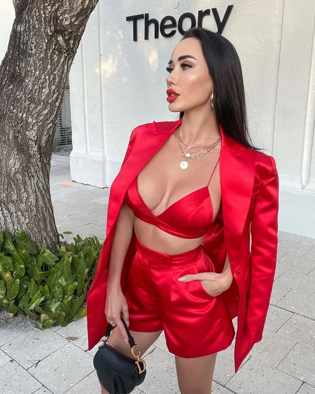 High Quality Red Satin Three Pieces Bandage Suit Sexy Long Sleeves Celebrity Fashion Party Club Blazer Coat Crop Tops Short Set - Deanwangkt