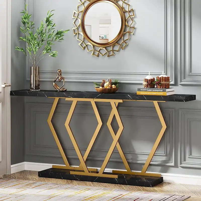 70.9 Inch Extra Long Modern Sofa Console Table with Faux Marble Tabletop Base Gold Frame for Living Room Entryway Hallway
