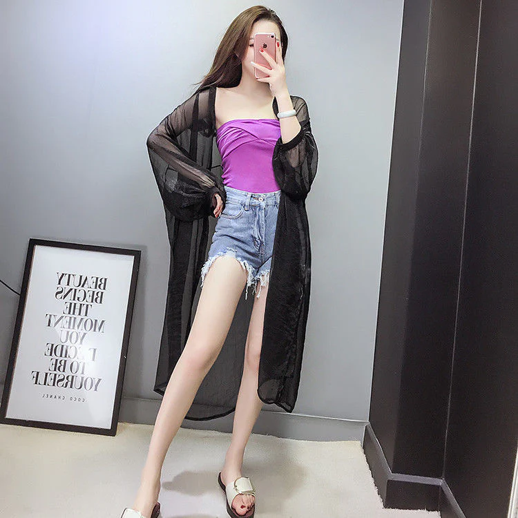 Hulianfu Women Blouse Sun Protection Fashion Long Lantern Sleeve Outerwear Sheer All-match Thin Beach Street Comfort Korean Style Leisure - Deanwangkt