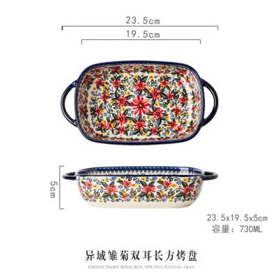 HULIANFU Krusoal Retro Ceramic Handle Salad Bowl Household Oven Breakfast Bake Pan Microwave Bohemia Binaural Soup In-glaze Tableware - Deanwangkt