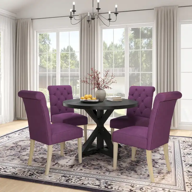 5 Piece Dining Table Set, Wooden Kitchen Furniture Set, Round Table with Cross-Buck Pedestal Base and 4 Tufted Chairs