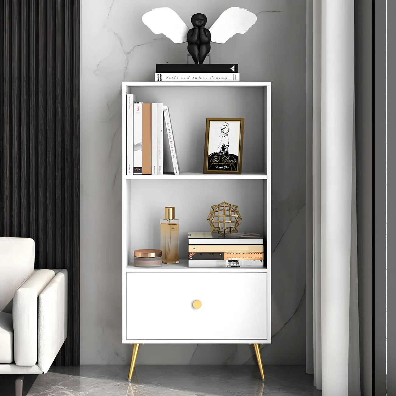 White Metal 2/3/4-Tier Open Bookcase with Drawer