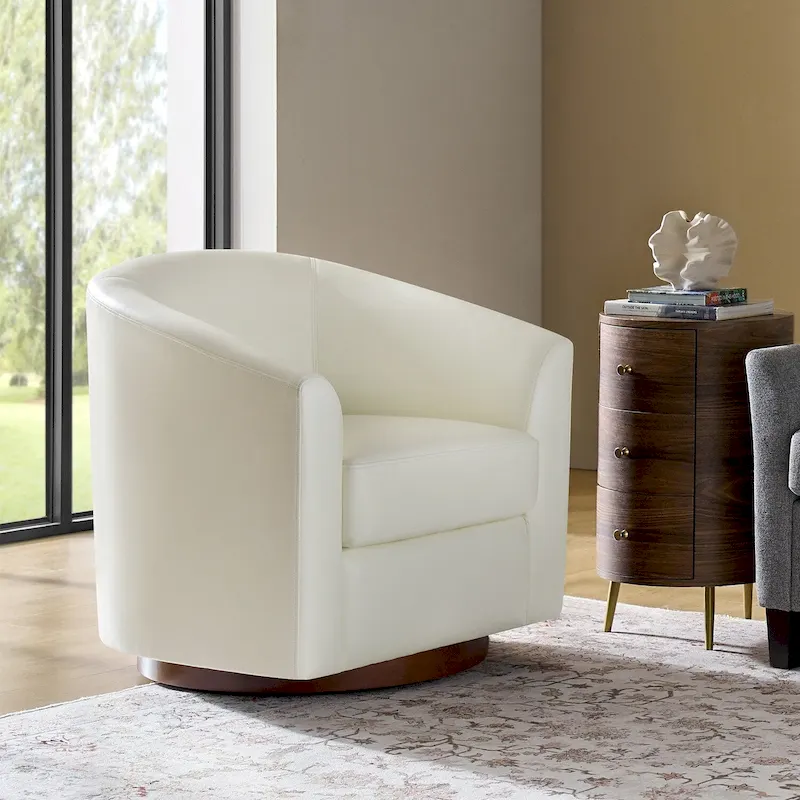 Haley Modern Swivel Barrel Faux Leather Chair with Solid Wood Base by