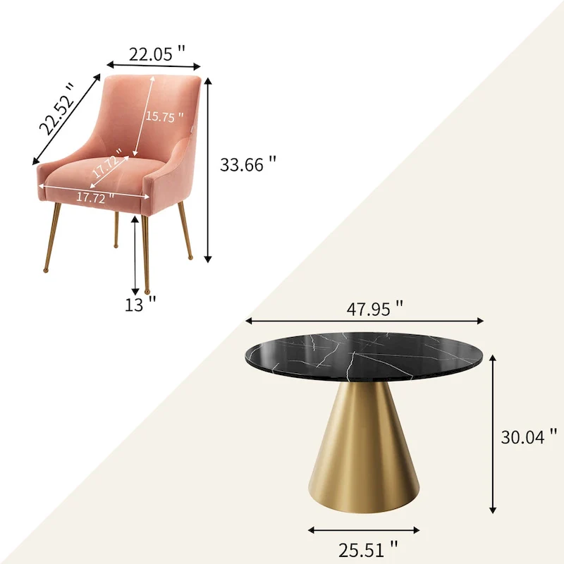 Clihome 5 Piece Black Marble Top Table with Velvet Dining Chair Set