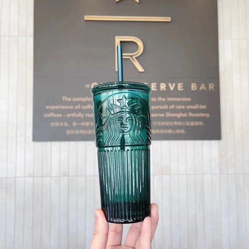 HULIANFU Large capacity 550ml green color Mermaid print Lead-free glass cups with lid and straw - Deanwangkt