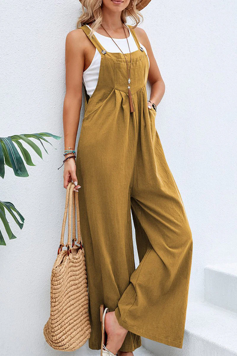 hulianfu Casual Vacation Solid Buttons Square Collar Loose Jumpsuits(10 Colors) - Deanwangkt