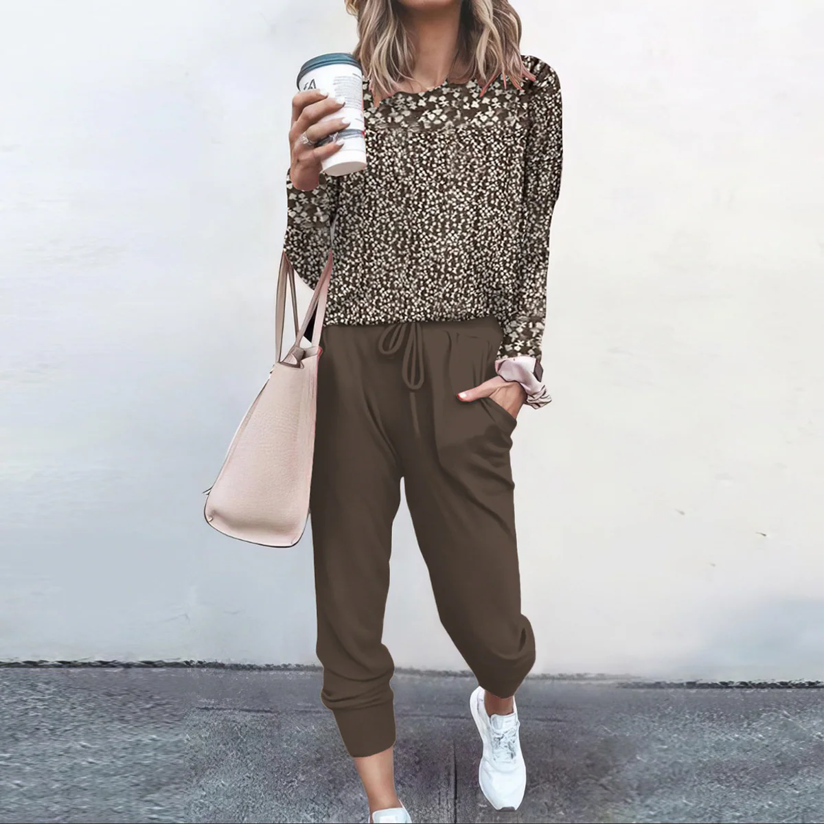 Unique Round Neck Long Sleeve Side Pocket Two Piece Set