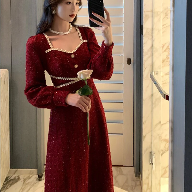 Hulianfu Vintage Button Dresses for Women Fairy Midi Party Dress Evening Office Lady Design One Piece Dress Elegant Korean Spring - Deanwangkt