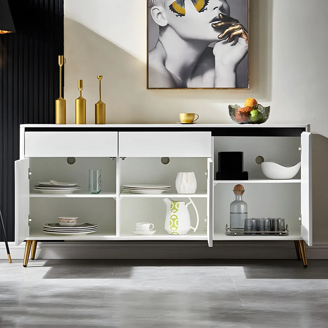 Modern Stone Countertop Sideboard with Cabinets