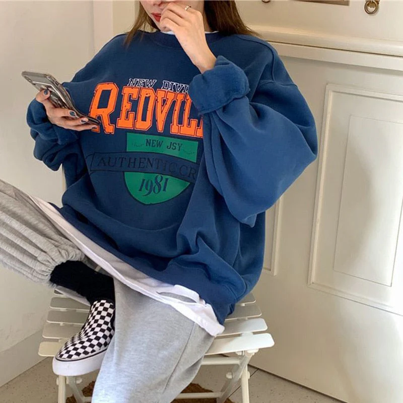 Autumn Women Fleece Letter Printed Pullover Sweatshirt Long Sleeve Casual Sports Lady Oversized Hoodie Korean Fashion - Deanwangkt